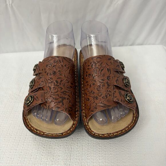 Alegria Julee Sandals Womens Size 7 Wide Brown Leather Floral Slides - Picture 3 of 9